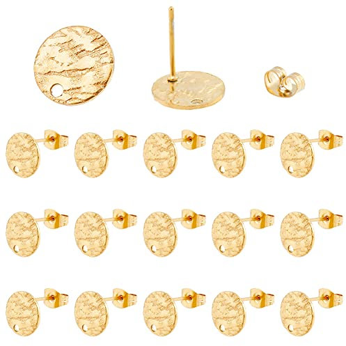 DICOSMETIC 50pcs Texturé Plat Rond Boucle d'oreille Boucles d'oreilles Rondes Plates Résultats de Boucle d'oreille en Acier Inoxydable Or Rondes Boucle d'oreille DIY avec Écrous d'oreille