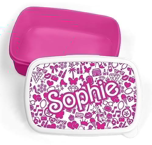 Print Maniacs Personalised Lunch Box Barbie Inspired Pink Doll for Girls and Women Lets go Party Merchandise Princess Dream Collection Theme Bride Lip Stick Birthday Diamonds