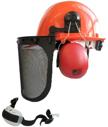 Viwanda Casco de protección forestal para motosierra, con visera de malla, protección auditiva y correa para la barbilla, manguito protector auditivo y visera de red, naranja, talla única