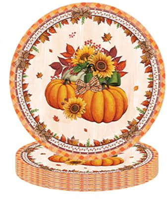 16pc Autumn Paper Plates - 7in, Fall Decor with Pumpkin & Maple Leaf Pattern for Thanksgiving & Harvest Festivals