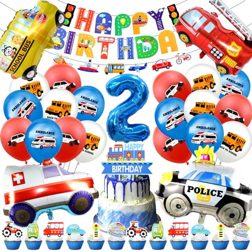 49 Stück Auto Geburtstag Deko 2 Jahre, Car Geburtstag Dekoration, Geburtstag Auto Party Set, Enthält Auto Geburtstag Ballons Banner Tortendeko für Auto Thema Geburtstag Deko