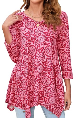 Enmain Tunika Damen Langarm Große Größen Elegant Longshirt 3/4 Ärmel Blusen & Tuniken für Damen Herbst Longbluse Oberteile Shirt für Frauen,Rosa,L