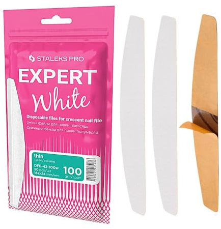 STALEKS PRO 50 pezzi di ricambio per lime per unghie adesive usa e getta a forma di mezzaluna. Esperto. Grano 100, lime mezzaluna bianca