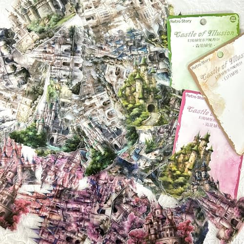 Arpaper Scrapbook Zubehör Stickers 60 Stück, Bullet Journal Sticker PET Retro Scrapbooking Zubehör Set Scrapbooking Vintage Sticker Aufkleber (Schloss) Deko für Hochzeit,Kalender(Fantasy Castle 1)