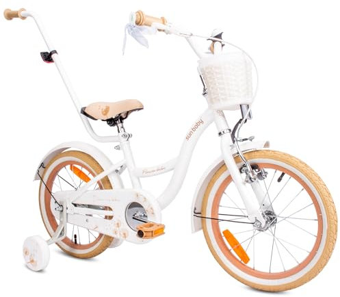 sun baby Flower Bike Vélo pour Une Fille 12 14 16 Pouces, Vélo Enfant 2-6 Ans, avec Barre de poussée, Panier, Sonnette (Blanc Beige, 16 Pouces)