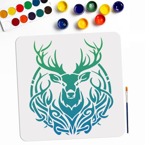 MAYJOYDIY Pochoir de Tête de Cerf 30×30cm Pochoir de Peinture Bois de Cerf avec Pinceau Modèle de dessin Cerf Buck Forêt Animal Faune pour L'Artisanat Sur Fenêtre Mur en Bois Tissu Décoration