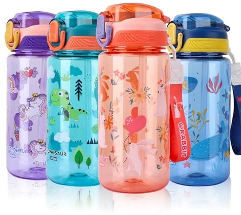 SENBSLAN Kids Water Bottle With Straw, 600ml Toddler Drinks for School, Leakproof Children's BPA-Free Tritan Sport Bottle for Girls Boys (Pinkish Orange-Rabbit)