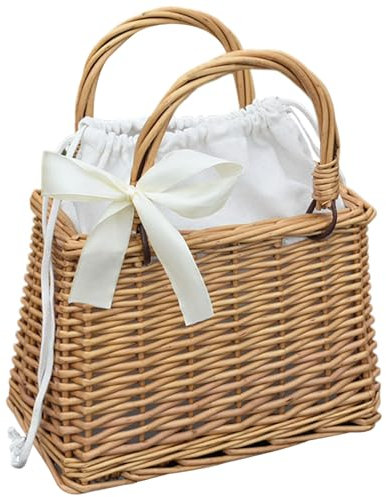 Sac à main carré avec nœud, panier en osier avec poignée tissée, sac en rotin avec doublure en tissu, sac à main en paille tissée, sac à main en osier de type Boho 9,5 x 5,1 x 6,3 pouces