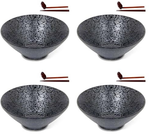 Bsowte 4 cuencos japoneses de cerámica para sopa de ramen con cuchara y palillos a juego, adecuados para tamaño grande
