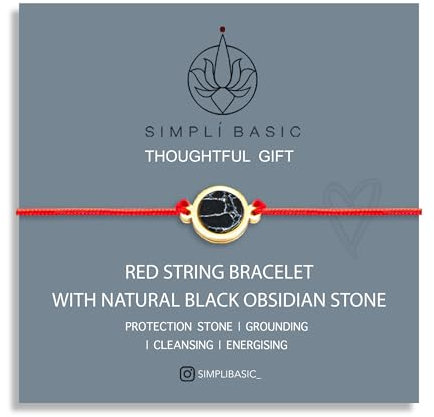 SIMPLÍ BASIC Red String Bracelet with Black Obsidian Stone Jewellery for Unisex 18k Plated Jewellery Thread Bracelet Gift Box & Pouch (Red String With Black Obsidian)
