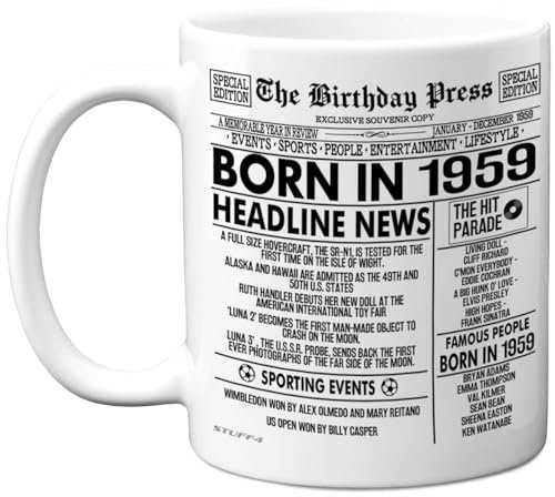 Stuff4 66th Birthday Mug Gift for Men Women - Born in 1959 Newspaper - Happy 66 Birthday Gifts for Grandad Grandma Nan Vintage Retro Back in 1959 Age Sixty-Six Bday, 11oz Ceramic Coffee Mugs