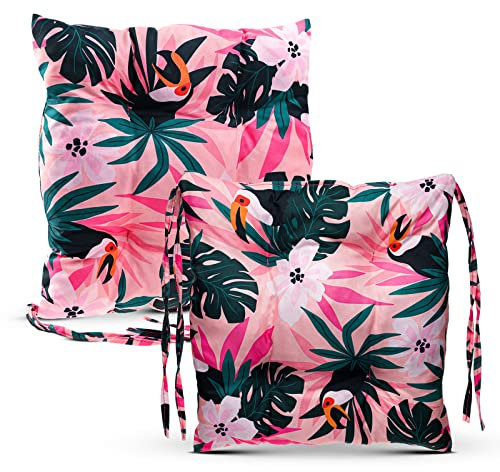 2er-Set Stuhlkissen mit Bändern 40x40 cm mit tropisch Druck - Sitzkissen für Garten und Haus, mit Urlaubsdesign - gestepptes, buntes Stuhlauflage für Gartenstuhl, Outdoor Küche, Esszimmerstuhl