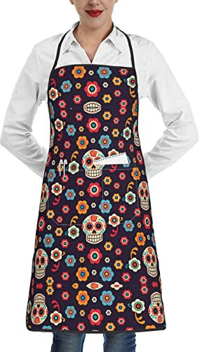 ATOurDealss Delantal ajustable con estampado a rayas para cocina, horneado, cocina, pintura, Calaveras de azúcar, Talla única