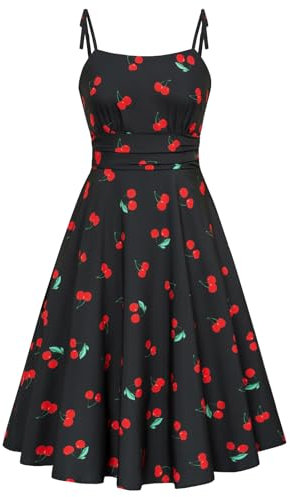 Belle Poque Women Dresses Black Cherry Print Dress Sleeveless A-Line Swing Dress Black Cherry M