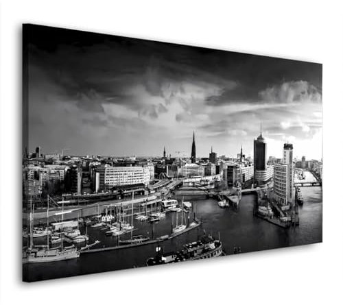 Hamburg Skyline Hafen schwarz weiss Leinwandbild Wandbild Kunstdruck XL Größe 90x50x2cm
