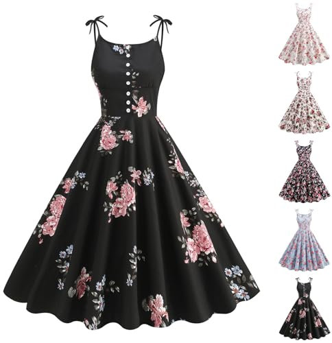 KKvoPiQ Abendkleid Modern Tasche Retro Print 50er Cocktailkleid Glitzer Jumpsuit Damen (Black, XXL)