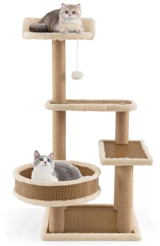 COSTWAY Arbre à Chat en Bois à 4 Niveaux 90 cm, Grand Niche, 3 Perchoirs Plateformes, Tapis en Rotin, Poteaux à Gratter en Sisal, Bord en Peluche Amovible, Pompon, Tour pour Chat Interieur