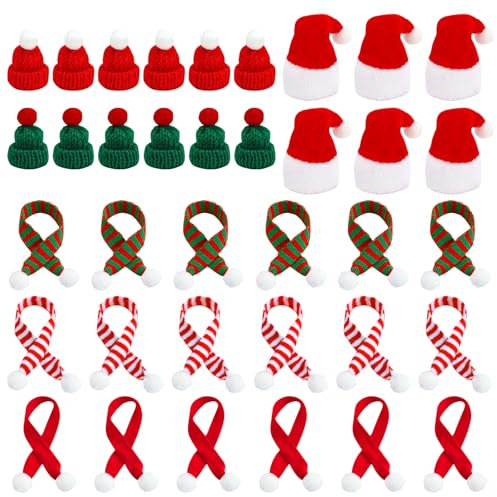 36 Stück Weihnachtsmütze und Schal Set, Mini Weihnachtsdeko für Flaschen, Puppenhaus, Wichtel - Miniatur Zubehör