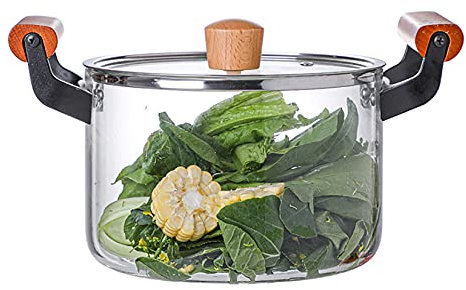 NNYCC Ollas de Vidrio Calentables para Cocinar con Mango de Madera,Olla de Vidrio Transparente para Restaurante de Cocina Casera,3.5l