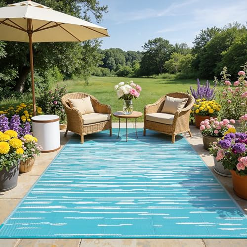 SHACOS Outdoor Teppich Wetterfest Türkis 180x270 cm Außenteppich Balko Teppich Waschbar Picknickdecke Wendbar UV-beständig Kunststoffteppich für Terrasse Camping Garten Pool