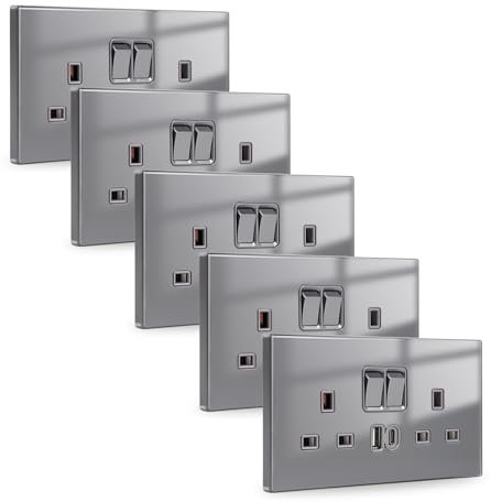 JIMEIDA 5 Pack Grey Double Switched Socket 20W Fast Charging 13 Amp with USB A and USB C Charging Ports Crystal Glass Panel Wall Outlet,250V