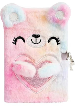 DERJDISF Plüsch Tagebuch - Geheimes Tagebuch mit Schloss für Heranwachsende und junge Damen - Schönes Journal mit Teddybär-Muster und feinen Details - Party Tagebuch