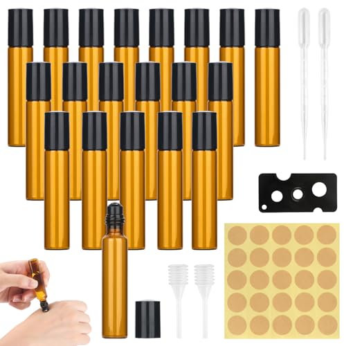 YONGQING 20 Stück Roll On Glasflaschen für Ätherisches Öl, Braun Roll On Flasche Leer 10ml, NachfüLlbar Roll On Ätherische Öle, Rollon Flaschen mit Öffner, Tropfer und Aufkleber für Öle, Parfums