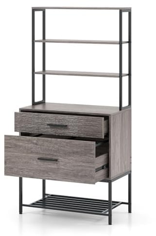GOPLUS Bücherregal mit Schubladen, Aktenregal mit offenen Ablagen & Metallgitter, Standregal Druckerständer Aktenschrank für A4-Dokumente, Aufbewahrungsregal für Zuhause & Büro (Grau)