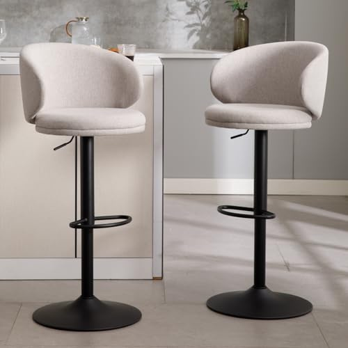 chairus Barhocker 2er Set Höhenverstellbare Barstuhl mit Fußstütze Grau | Barhocker mit Lehne Küchenhocker 360°Drehbar, Barstuhl Leinen Thekenhocker Hochhocker für Küche Esszimmer Wohnzimmer