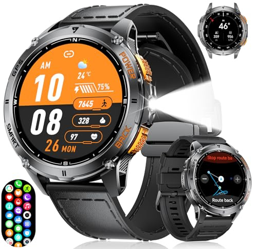 LIGE DM4 GPS Smartwatch Herren mit LED Taschenlampe/1.43 HD Amoled Display, Fitnessuhr mit 530mAh Akku/120+ Sport Modi, Herzfrequenz, Barometerdruck/Höhenmesser/Kompass für iOS Android