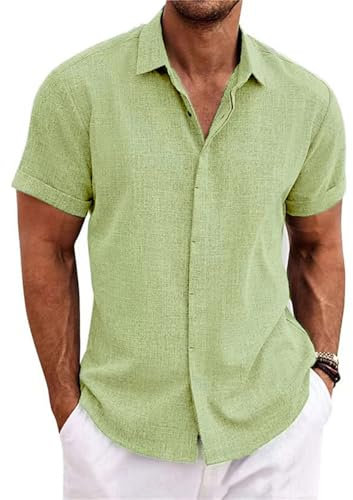 PADOLA Chemise Lin Homme Manches Courtes Boutonnée Chemisette Homme Chemises d'été Unie Chemise de Plage en Coton Coupe Régulière Tee Shirt Décontracté Chemiser (6 Vert Herbe, XL)