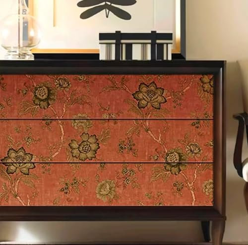 DMRLBYMC Self Adhesive Wallpaper Peel and Stick Retro All Kinds of Flowers Flower Leaf Non-Woven Wallpaper for Walls Kitchen Bathroom Bedroom Cabinets 20.8X118.1Inches.（Dark red