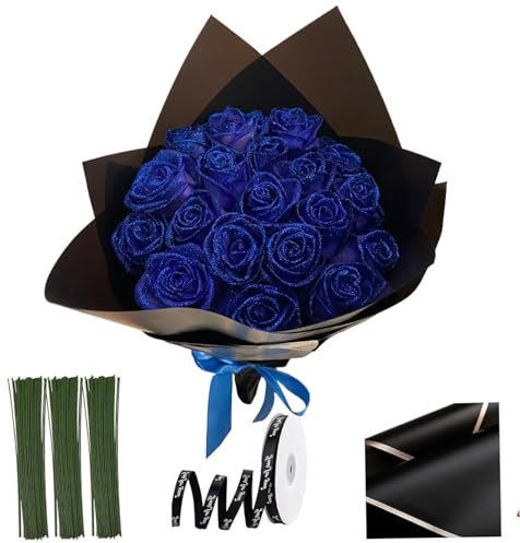 Bouquet di rose glitter, 20pcs da 9, 5 pollici lucido lucido bouquet, rose finte fai -da -te con stelo, nastri avvolgenti e carta avvolgente blu, fiori