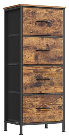 SONGMICS Dresser for Bedroom, Chest of Drawers, Steel, MDF, 4 Non-Woven Fabric Drawers, Storage Organizer Unit, Closet, Entryway, Rustic Brown and Ink Black ULGS314B02S