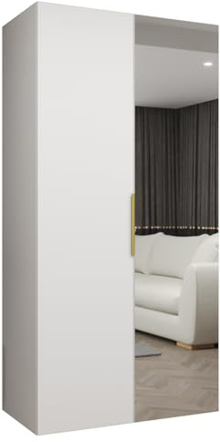 MEBLE KRYSPOL - Kleiderschrank mit Spiegel - Drehtürenschrank - Schrank 100x202x52cm - Garderobenschrank Schlafzimmer, Flur, Jugendzimmer - Farbe Weiß, Griff Gold - Marbella 2 100