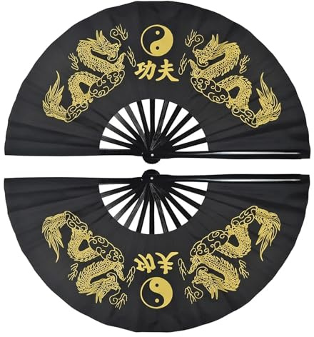 WJLYDM Éventail Tai Chi 33 cm, éventail Kung Fu, Arts Martiaux, Double éventail imprimé Double Dragon Multicolore(Black,2pcs)