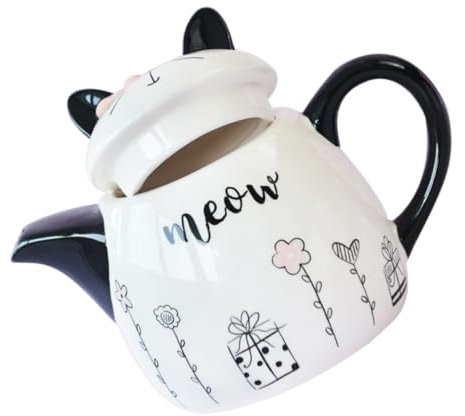 GLEAVI Tetera de Cerámica Decorativa Forma de Gato Kawaii Pequeña y Portátil para Oficina y Hogar Accesorio Elegante para del Blanco y Negro