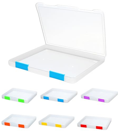 6 Pack A4 Plastic Paper Storage Box with Buckle and Sticker Labels, Clear File Organiser for Paper, Card, Board Game, Craft, Art Supplies
