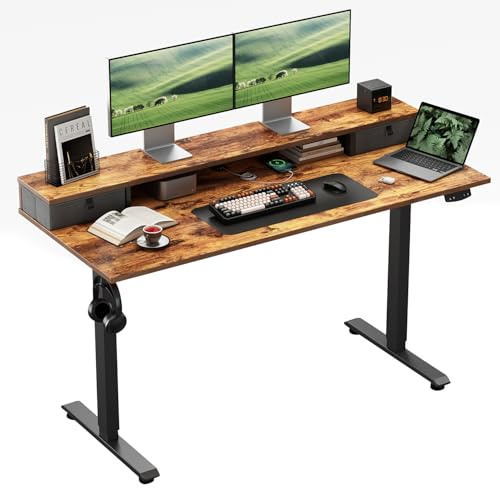 Klicelor Höhenverstellbarer Schreibtisch mit 2 Schubladen | 120 x 60 cm Schreibtisch elektrisch, Gaming Schreibtisch, Computertisch mit 2 Speicherplätzen für Homeoffice, Braun