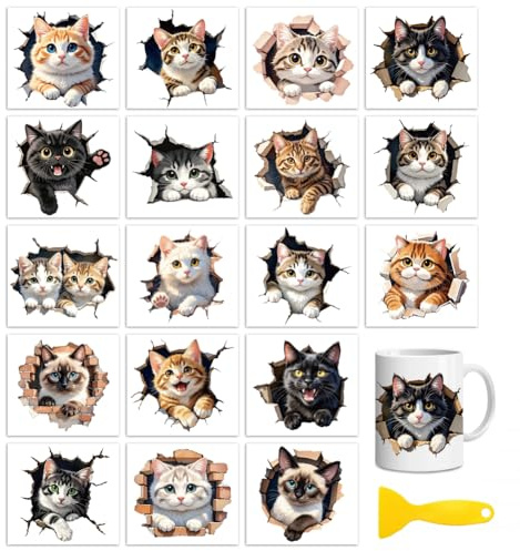 Peacoblue Peeping Cat Rub On Transfers for Craft, Transfer Sticker | 18 Sheets UV DTF Transfers, Waterproof Rub On Decals for Wood, Glass, Furniture, Tumblers & Home Decor Crafts