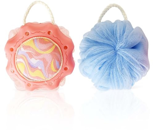 Lot de 2 Éponges de Bain – Fleurs de Douche Moussantes et Douces, Éponges Exfoliantes avec Corde pour Nettoyage du Corps, Massage et Soins Quotidiens(Rose + Bleu)
