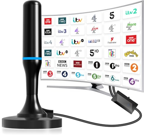 Digital Tv Aerial Indoor with Amplifier, Freeview Indoor Aerial for Smart Tv Ariels, Portable 4k HDTV Antenna for Local Channels with Magnetic Base - 120 Mile Range, 9.8FT Cable (Blue-with Amplifier)
