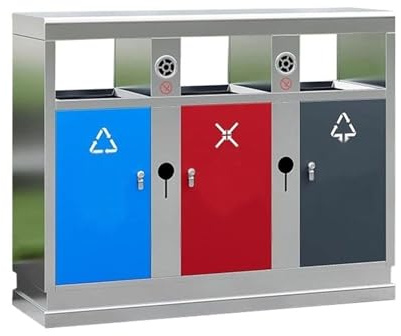 Yinj9562fg Outside Public Places Stainless Steel Trash Can Outdoor Three Compartment Metal Waste Bin Garbage Bin