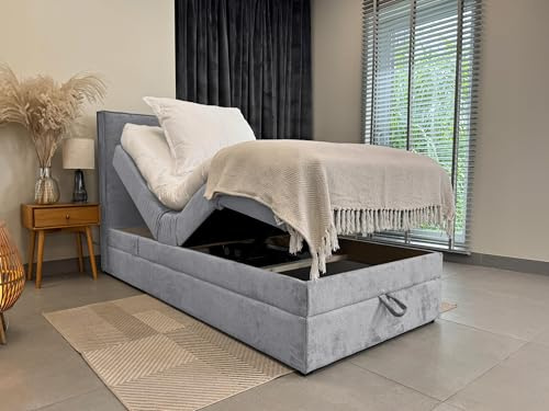 TRADA Boxspringbett 100 x 200 cm, Elektrische Bett mit Matratze, Blau | SORRENTO, Bett mit Kopfteil, Topper und Bettkasten, Stoffbezug Veloursstoff