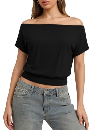 ALGALAROUND Women Tops Off The Shoulder Summer Short Sleeve Shirts Asymmetrical One Shoulder T Shirt Casual Boat Neck Tees Black M