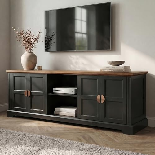 Blisswood 170cm TV Stand Cabinet for 55–80 Inch TVs, Large Wooden Media Console with Storage Cupboards & Adjustable Shelves, Oak Effect Top & Soft Close Doors, TV Table for Living Room & Bedroom_Black
