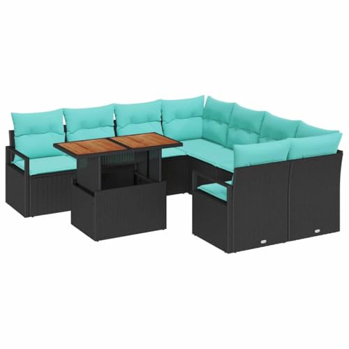 vidaXL Garten Essgruppe mit Kissen 9 pcs Schwarz und Teal, Garten- und Terrassenmöbelset, modularer Outdoor-Sofa, Leichter Tisch, UV-beständig, Rattan-Lounge