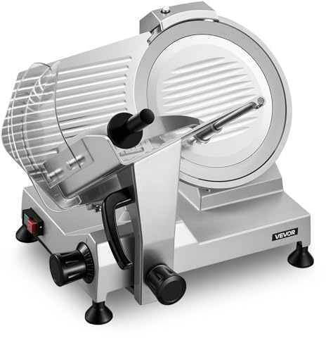 VEVOR Affettatrice Elettrica Multiuso, Macchina Affettatrice per Carne Congelata 400W Lame in Acciaio al Carbonio Rimovibile da 30 cm con Vassoio di Raccolta, Spessore di Taglio Regolabile da 0-15 mm