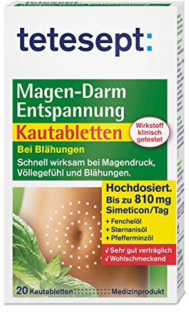 tetesept Magen-Darm Entspannung Kautabletten - mit Kräutergeschmack – Medizinprodukt zur Anwendung bei Blähungen, Völlegefühl & Magendruck - hochdosiert mit Simeticon – 5 x 20 Stück
