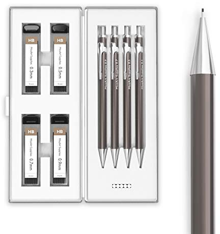 MozArt Druckbleistift-Set mit Etui - 4 Größen: 0.3, 0.5, 0.7 & 0.9mm mit je 30 HB-Minen und 4 Radiergummi-Minen - Skizzieren, Architektur, Zeichnen Druckbleistifte, Metall-Druckbleistift